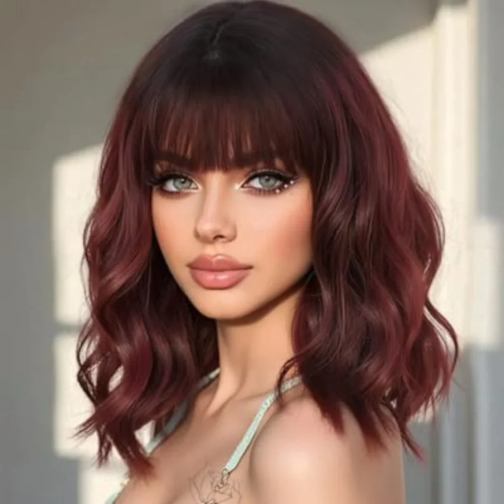 Synthetic Bob Wig with Bangs for Women Burgundy Synthetic Heat Resistant Loose C